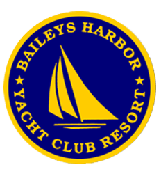 Baileys Harbor Yacht Club Resort logo featuring a yellow sailboat silhouette on a blue background, encircled by gold text and stars.