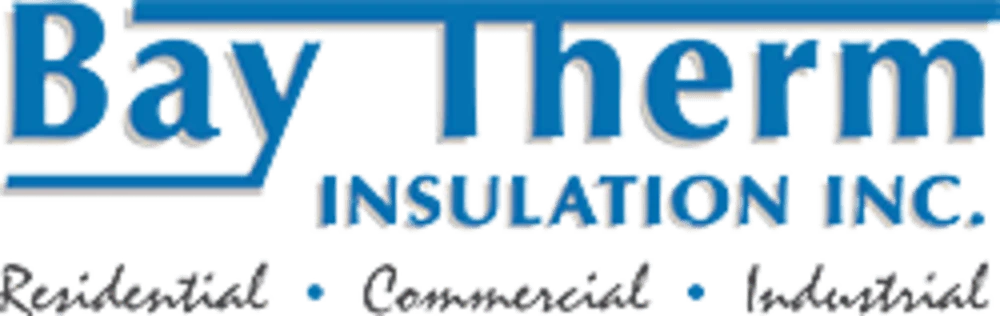 Logo for Bay Therm Insulation Inc. The word "Bay" is in a light gray with a blue outline and two horizontal blue lines extending from it. The word "Therm" is in solid blue.