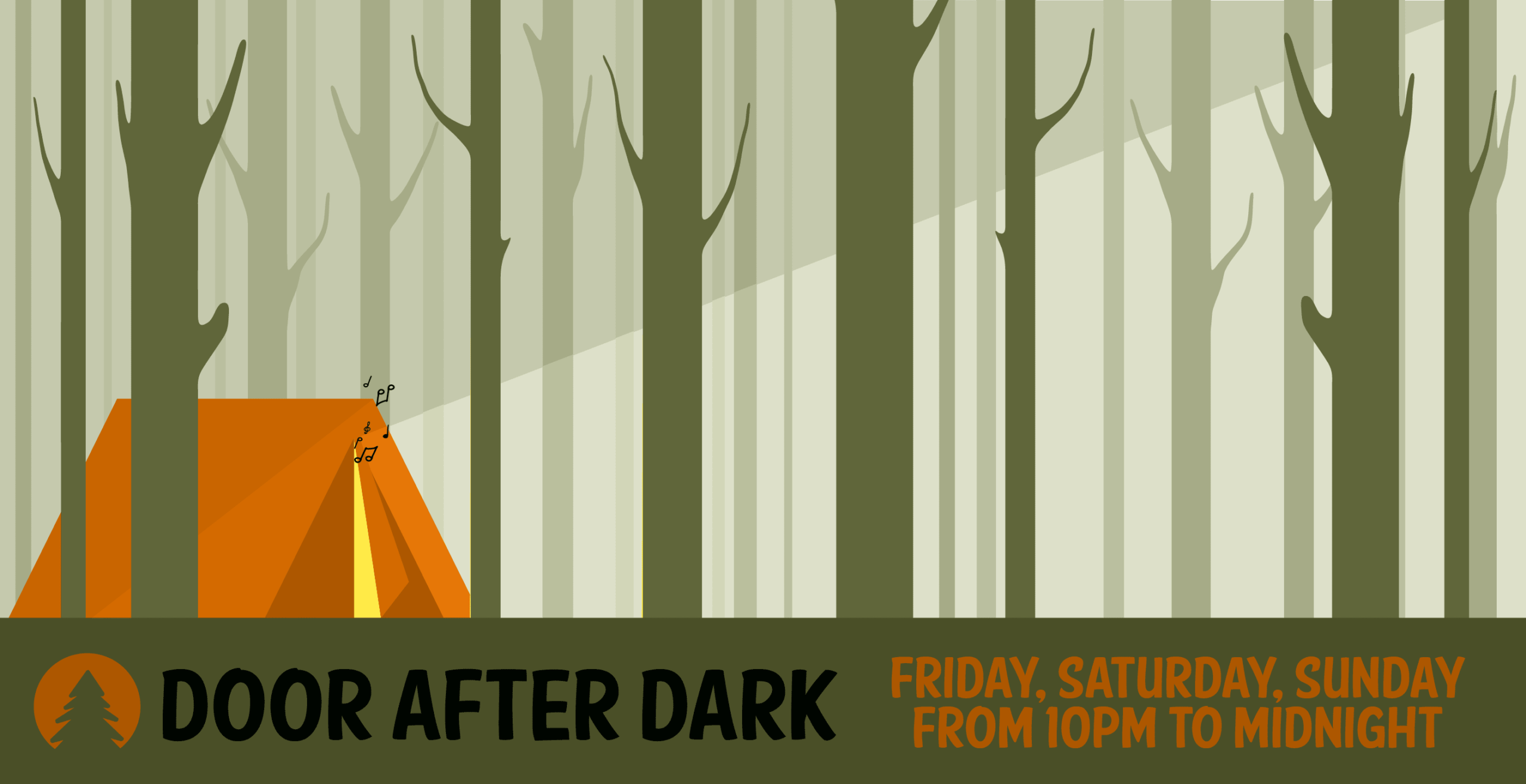 "Door After Dark" poster with a tent, trees, and music notes.