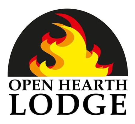 Open Hearth Lodge logo with bold text below a stylized flame design in yellow, orange, and red, framed by a black semicircle.