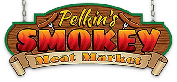 Logo of Pelkin's Smokey Meat Market with wooden background, sausages, bold red text, and a banner below.