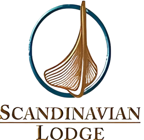 Scandinavian Lodge logo featuring a stylized wooden ship design in bronze within a circular blue frame, with the name below in bold text.