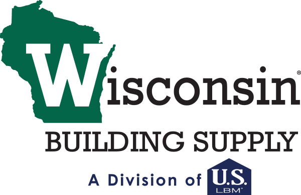 A logo featuring the text "Wisconsin Building Supply," with a bold white "W" over a green outline of the state of Wisconsin. Below it reads, "A Division of U.S. LBM," with the "U.S. LBM" in a navy-blue house-shaped icon.